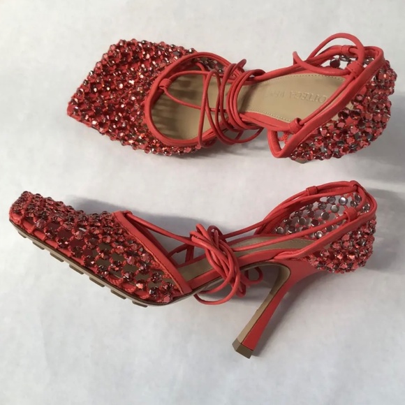 $2000 BOTTEGA VENETA STRETCH WEB CRYSTAL LACE UP SANDALS HEELS SHOES 38.5 - Picture 7 of 11
